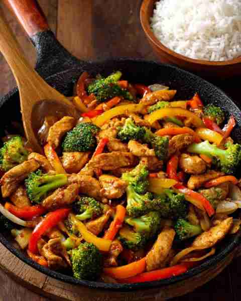 Easy chicken stir fry recipe Ingredients ½ cup onion, sliced 3 cloves garlic 3 Tablespoons peanut oi...