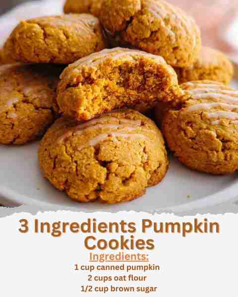 3 Ingredients Pumpkin Cookies Ingredients: - 1 cup canned pumpkin - 2 cups oat flour - 1/2 cup brown...