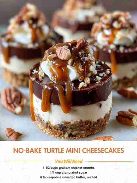 No-Bake Turtle Mini Cheesecakes Ingredients 1 ½ cups graham cracker crumbs ¼ cup granulated sugar 6...