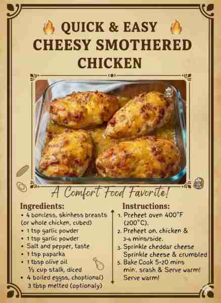 Cheesy Smothered Chicken Ingredients: 4 boneless, skinless chicken breasts 1 cup shredded cheddar c...