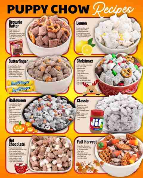 PUPPY CHOW recipes you need to try! BROWNIE BATTER PUPPY CHOW 2 cups brownie mix 3 tbsp salted butte...