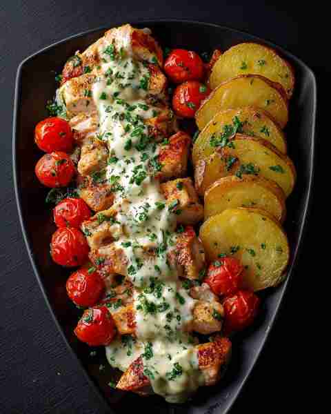 🍗 Grilled Chicken with Creamy Herb Sauce, Potatoes & Roasted Cherry Tomatoes Prep Time: 10 minutes...