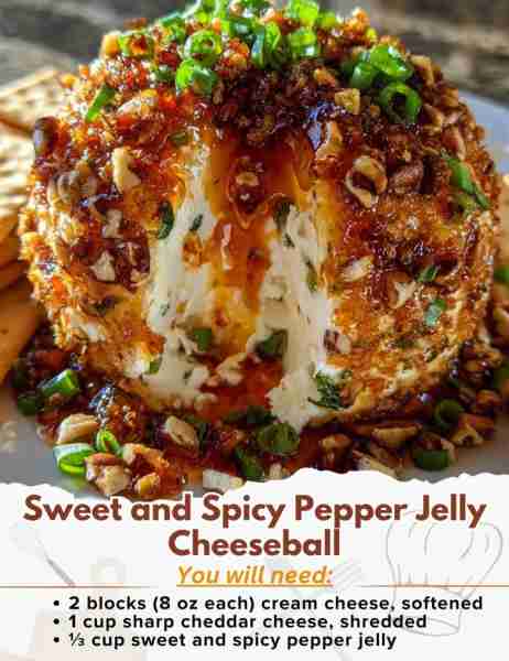 Sweet and Spicy Pepper Jelly Cheeseball Ingredients: - 2 blocks (8 oz each) cream cheese, softened -...
