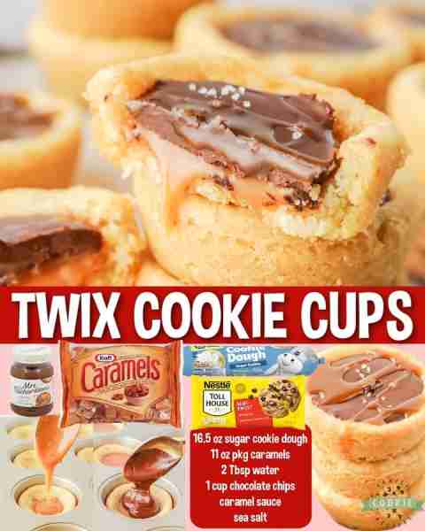 TWIX COOKIE CUPS🤤 Ingredients: 1 16.5 oz tube Pillsbury refrigerated sugar cookie dough 11 oz pkg o...
