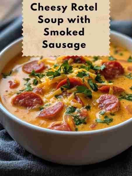 Cheesy Rotel Soup with Smoked Sausage Ingredients: - 1 lb smoked sausage, sliced - 1 can Rotel tomat...