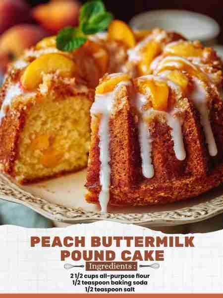 Peach Buttermilk Pound Cake Ingredients: 2 1/2 cups all-purpose flour 1/2 teaspoon baking soda 1/2 t...