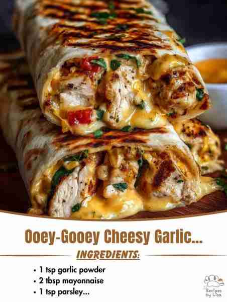 🧄🧀 Ooey-Gooey Cheesy Garlic Chicken Wraps – Melty, Crispy & Bursting with Flavor! Ingredients: 2 c...