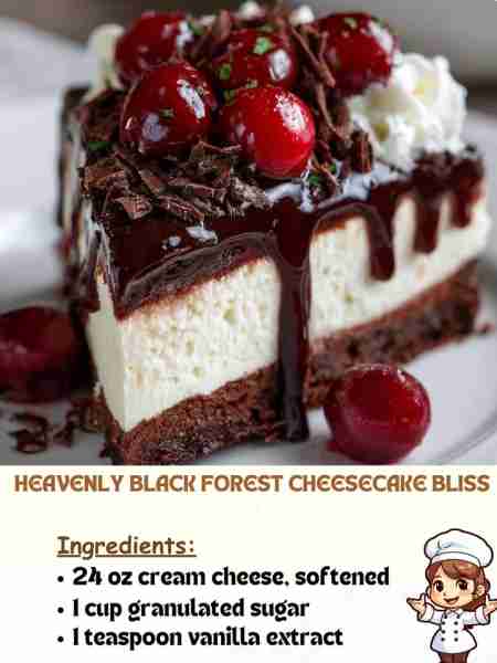 Heavenly Black Forest Cheesecake Bliss Ingredients 24 oz cream cheese, softened 1 cup granulated su...