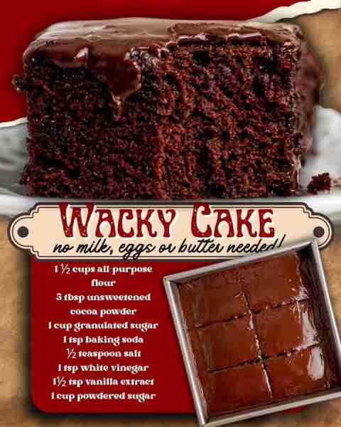 THE BEST WACKY CAKE! 1 ½ cups all-purpose flour 5 tbsp unsweetened cocoa powder 1 cup granulated sug...