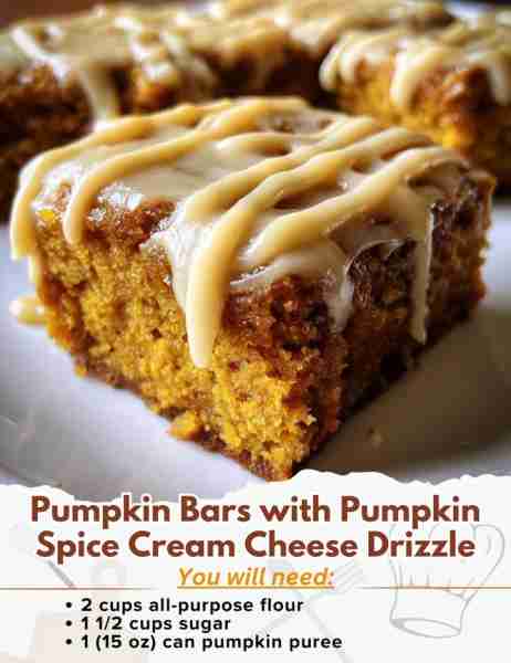 Pumpkin Bars with Pumpkin Spice Cream Cheese Drizzle Ingredients: For the Pumpkin Bars: - 2 cups all...