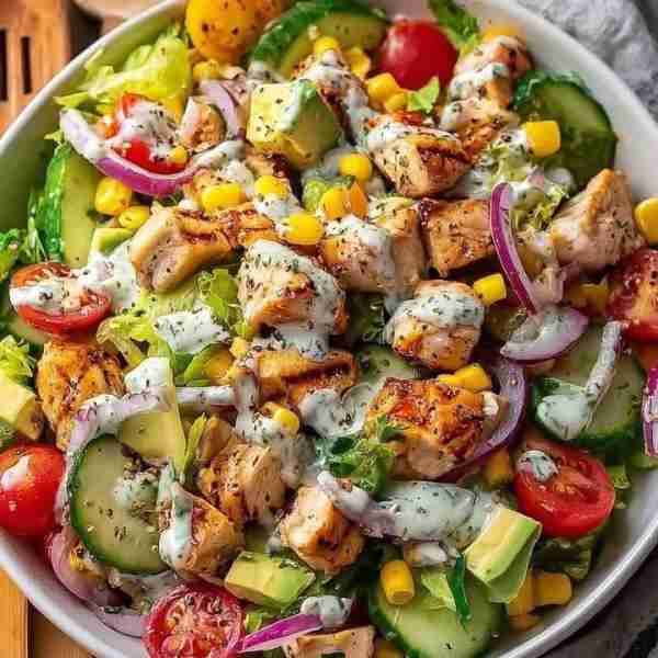 Grilled Chicken Avocado Salad😋 Ingredients: 2 grilled chicken breasts, diced 🍗 4 cups romaine lett...