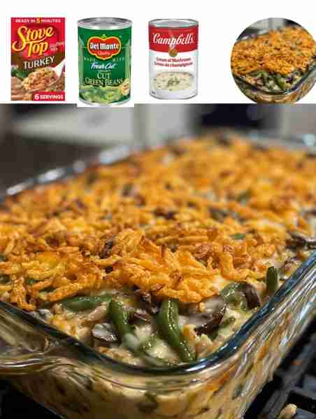 Green Bean Stuffing Casserole Ingredients: - 2 cans of green beans - 1 can of cream of mushroom soup...