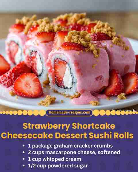 Strawberry Shortcake Cheesecake Dessert Sushi Rolls 📋 Ingredients • 1 package graham cracker crumbs...