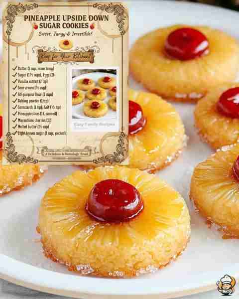 PINEAPPLE UPSIDE DOWN SUGAR COOKIES 🍒 1 cup butter, 1½ cups sugar, 2 eggs, 2 tsp vanilla, ½ cup sou...