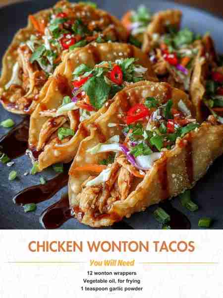Chicken Wonton Tacos Ingredients 12 wonton wrappers Vegetable oil, for frying 1 teaspoon garlic pow...