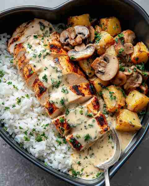 Tried once, made twice — Ultimate Creamy Herb Chicken Bowl with Roasted Potatoes & Mushrooms