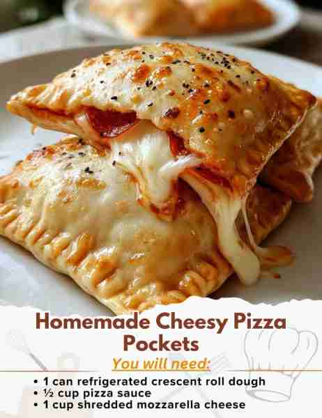 Homemade Cheesy Pizza Pockets Ingredients: - 1 can refrigerated crescent roll dough or pizza dough -...