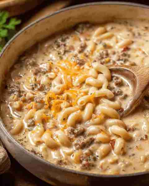 Creamy Beef and Cheddar Pasta Recipe: Ingredients: 1 lb ground beef 2 cups cavatappi or elbow pasta...