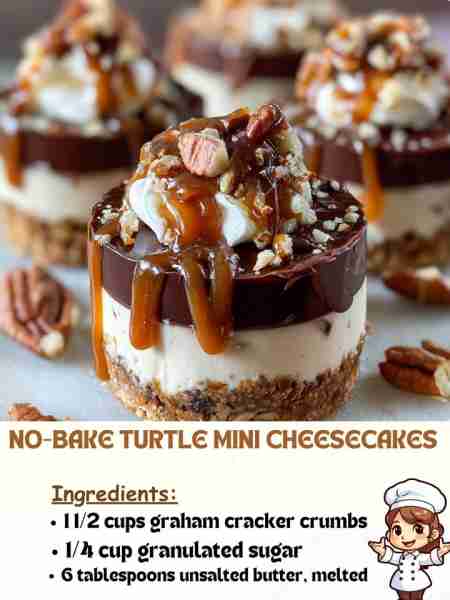 No-Bake Turtle Mini Cheesecakes Ingredients 1 ½ cups graham cracker crumbs ¼ cup granulated sugar 6...