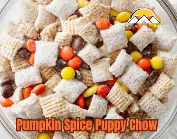 Halloween Pumpkin Spice Puppy Chow Ingredients: - 9 cups Rice Chex cereal - 1 cup white chocolate ch...
