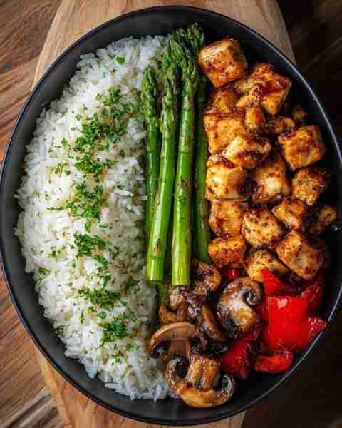 🥢 Sticky Glazed Chicken Bowl with Asparagus, Mushrooms & Rice 🍄🌶️ Prep Time: 15 minutes Cook Time:...