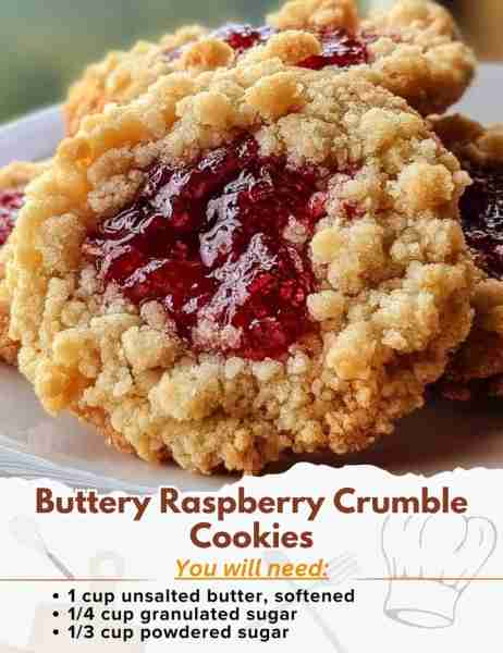Buttery Raspberry Crumble Cookies Ingredients: - 1 cup unsalted butter, softened - 1/4 cup granulate...
