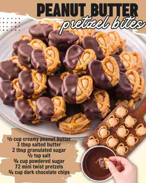 PEANUT BUTTER PRETZEL BITES! 🥨😋🥜 ½ cup creamy peanut butter 3 tbsp salted butter 2 tbsp granulate...