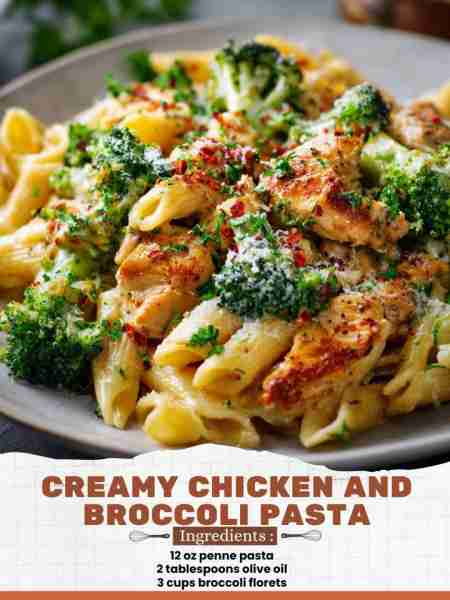Creamy Chicken and Broccoli Pasta Ingredients: 12 oz penne pasta 2 tablespoons olive oil 3 cups broc...
