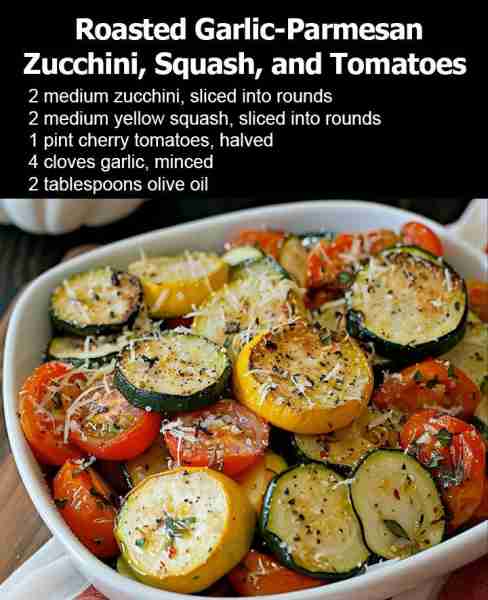 Roasted Garlic-Parmesan Zucchini, Squash, and Tomatoes 🍅🧀🥒 Full recipe 👇💬