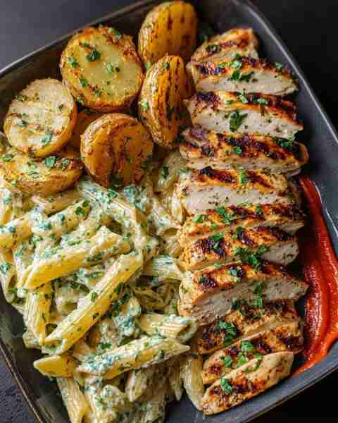 Creamy Herb Penne with Grilled Chicken & Crispy Potatoes 🥔🌿🔥 Prep time: 20 minutes Cook time: 30...