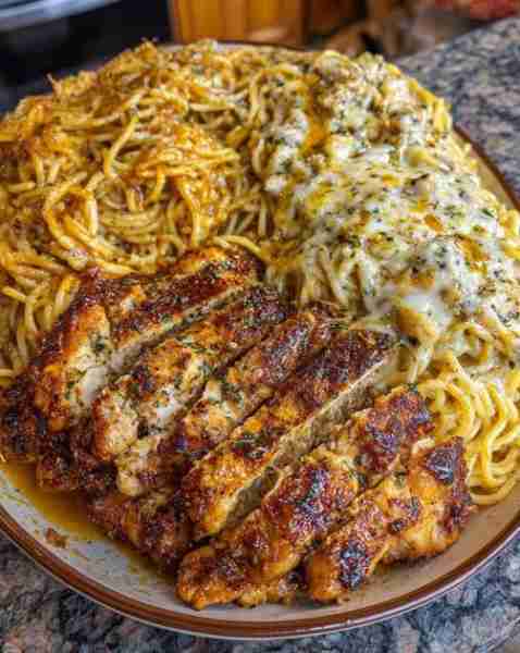 Garlic Butter Chicken with Double Cheese Spaghetti Recipe: Ingredients: 2 chicken breasts 2 tbsp oli...