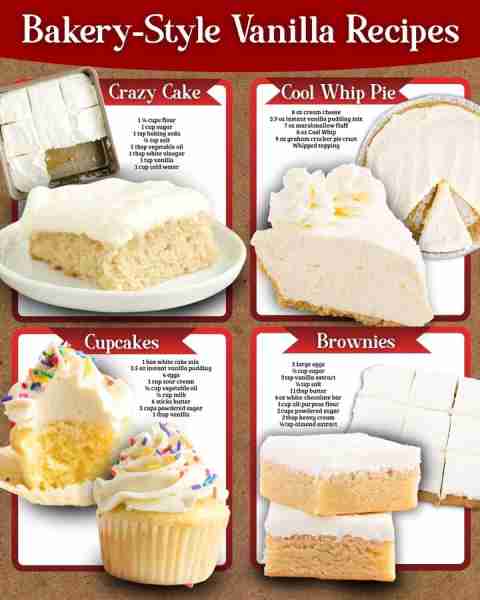 VANILLA DESSERTS 4 WAYS 🍰✨ These classics never goes out of style!! 1️⃣ CRAZY CAKE 1½ cups flour 1...
