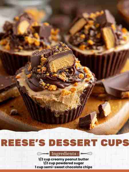 REESE'S DESSERT CUPS Ingredients: 1/2 cup creamy peanut butter 1/2 cup powdered sugar 1 cup semi-swe...