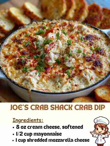 Joe’s Crab Shack Crab Dip Ingredients 8 oz cream cheese, softened ½ cup mayonnaise 1 cup shredded m...
