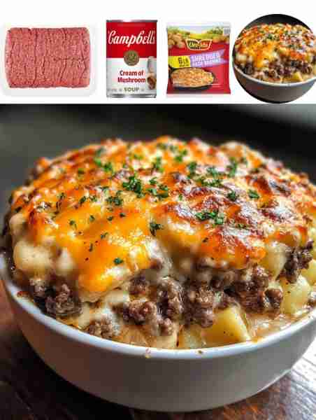Meat & Potato Casserole Ingredients: - 1 lb ground beef - 1 onion, diced FULL RECIPE IN COMMENTS