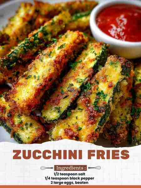 Zucchini Fries Ingredients: 1/2 teaspoon salt 1/4 teaspoon black pepper 2 large eggs, beaten