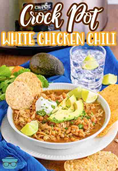 Crock Pot White Chicken Chili is a comforting and delicious meal that will warm you up! Cooked low a...