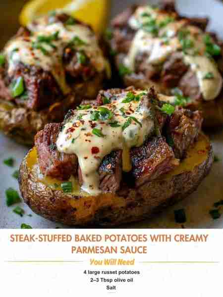 Steak-Stuffed Baked Potatoes with Creamy Parmesan Sauce Ingredients 4 large russet (or baking) potat...