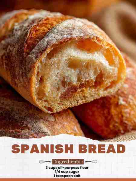 Spanish Bread Ingredients: 3 cups all-purpose flour 1/4 cup sugar 1 teaspoon salt