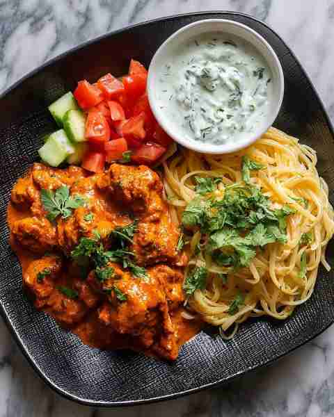 This one had everyone quiet at the table — Creamy Butter Chicken with Pasta, Fresh Salad & Herbed Yo...