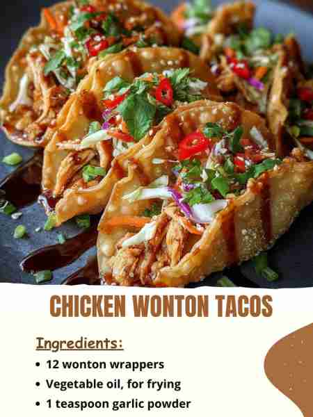 Chicken Wonton Tacos Ingredients 12 wonton wrappers Vegetable oil, for frying 1 teaspoon garlic pow...