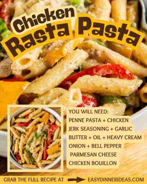 Rasta Pasta is loaded with spicy jerk chicken and colorful bell peppers in a rich and creamy sauce!...