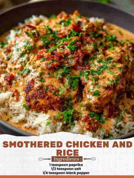 Smothered Chicken and Rice Ingredients: 1 teaspoon paprika 1/2 teaspoon salt 1/4 teaspoon black pepp...
