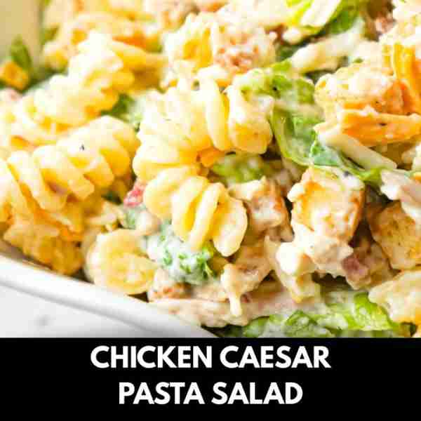Chicken Caesar Pasta Salad is a tasty cold side dish recipe loaded with chopped romaine, shredded ch...