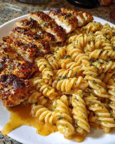 Garlic Butter Chicken Rotini in Cheesy Three-Cheese Parmesan Sauce Ingredients: 2 large boneless, sk...