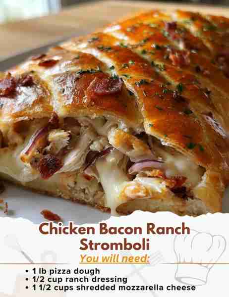 Chicken Bacon Ranch Stromboli Ingredients: - 1 lb pizza dough (store-bought or homemade) - 1/2 cup r...
