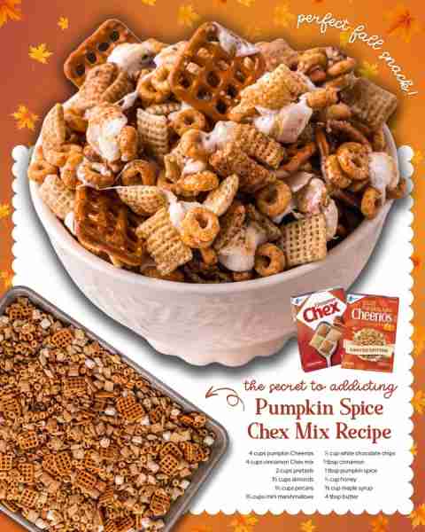 Pumpkin Spice Chex Mix — sweet, crunchy, and packed with cozy fall flavor! Ingredients 🎃 4 cups pum...