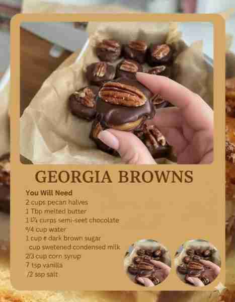 GEORGIA BROWNS You Will Need 2 cups pecan halves 3 Tbsp melted butter 1 ¾ cups semi-sweet chocolate...