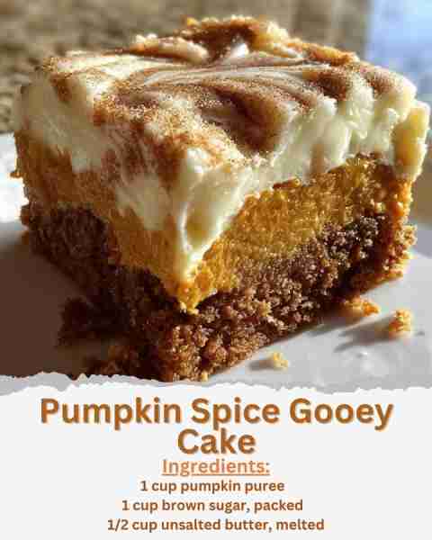 Pumpkin Spice Gooey Cake Ingredients: - 1 cup pumpkin puree - 1 cup brown sugar, packed - 1/2 cup un...