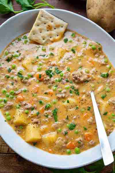 Creamy Ground Beef, Potato & Vegetable Soup Ingredients: 1 lb ground beef 4 cups diced potatoes 1 cu...